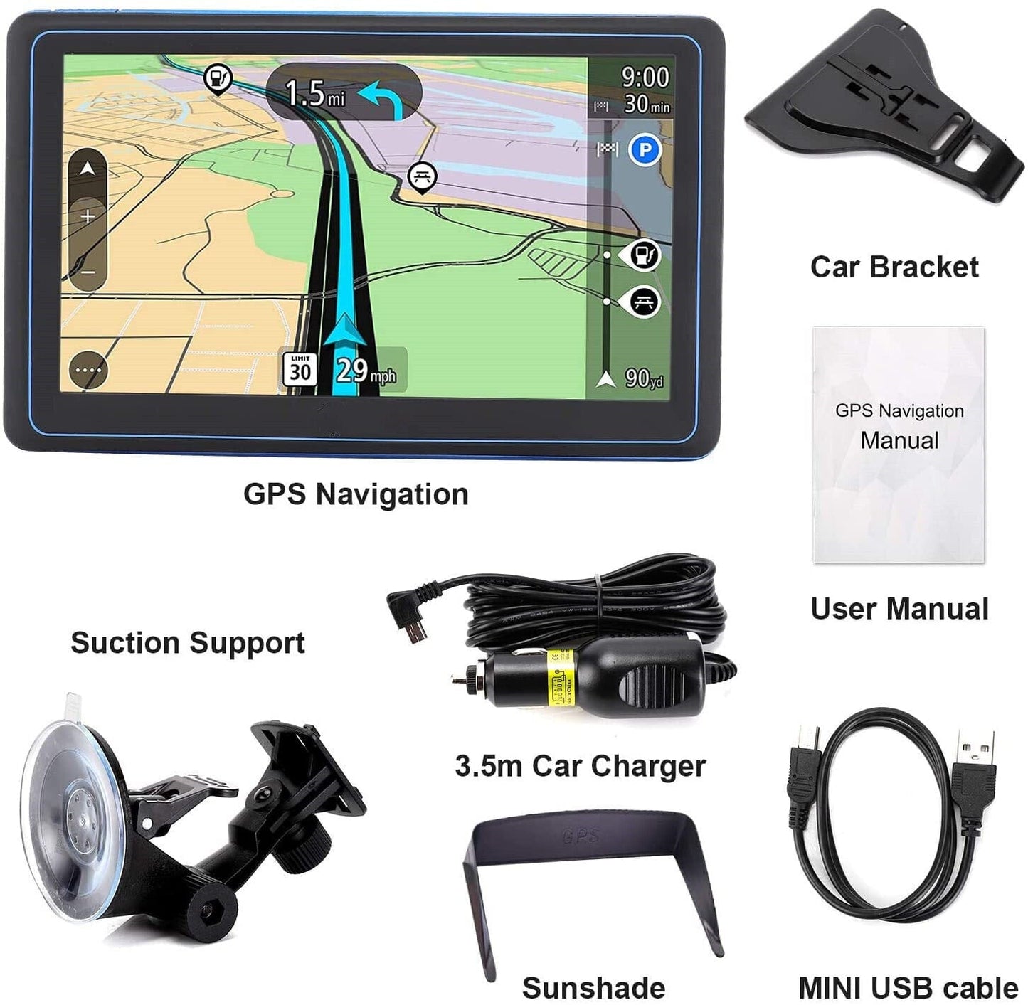 7" GPS Navigation til Bil og Lastbil – Opdateret 2026 GPS Navigationssystem
