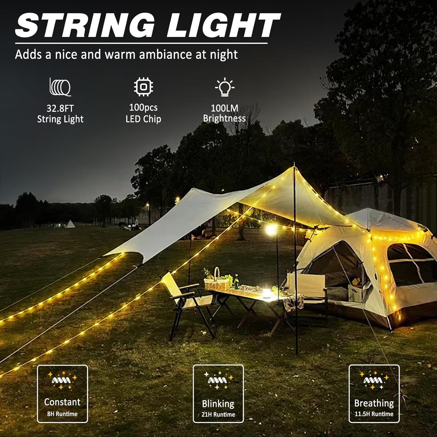 Portable LED Lyskæde til Camping, USB-genopladelig, Vandtæt 10 m