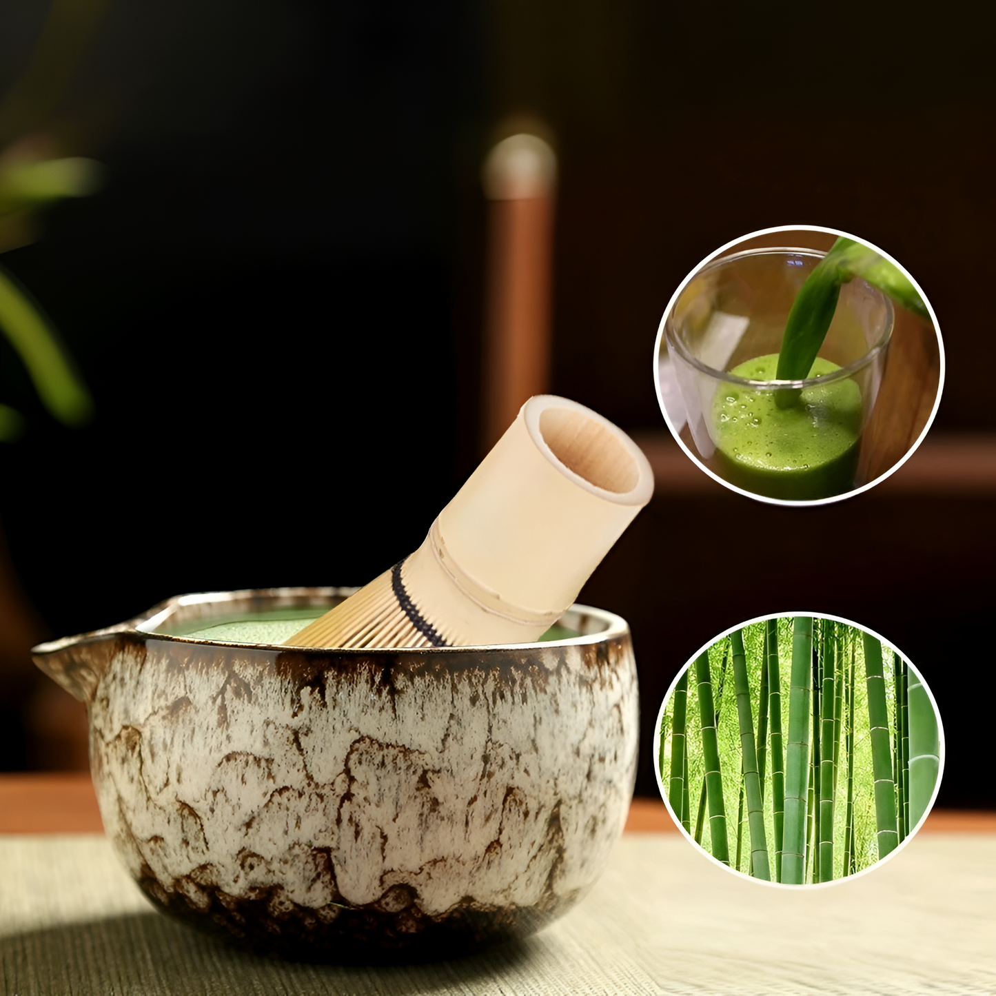 Traditionelt Matcha Tesæt med 6 Dele i Bambus og Keramik