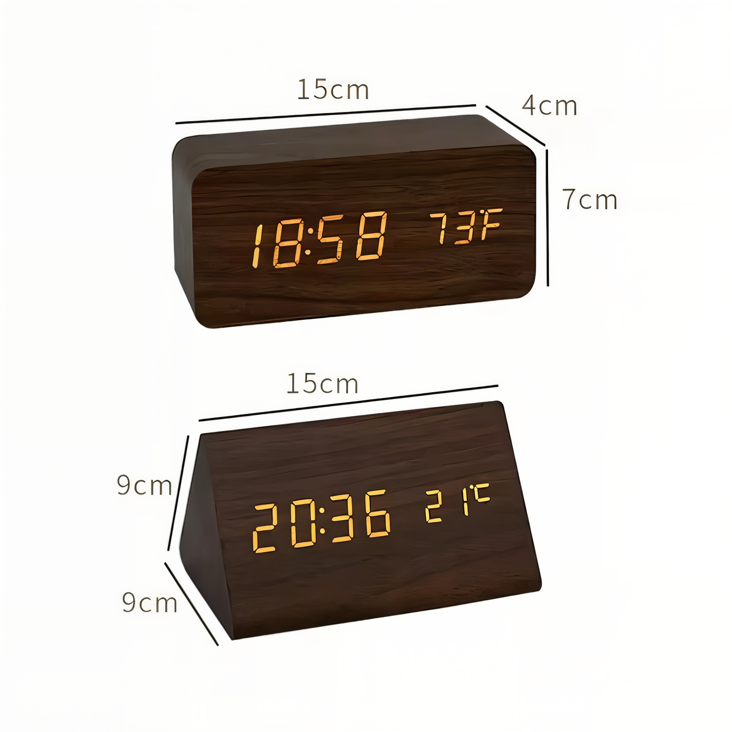 WakeyCue Træ LED Vækkeur med Temperatur- og Luftfugtighedsdisplay