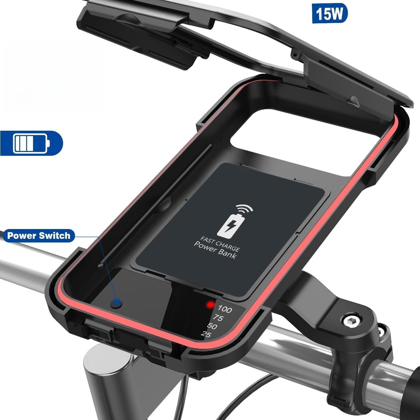 Vandtæt cykeltelefonholder med 15W powerbank og USB-opladning