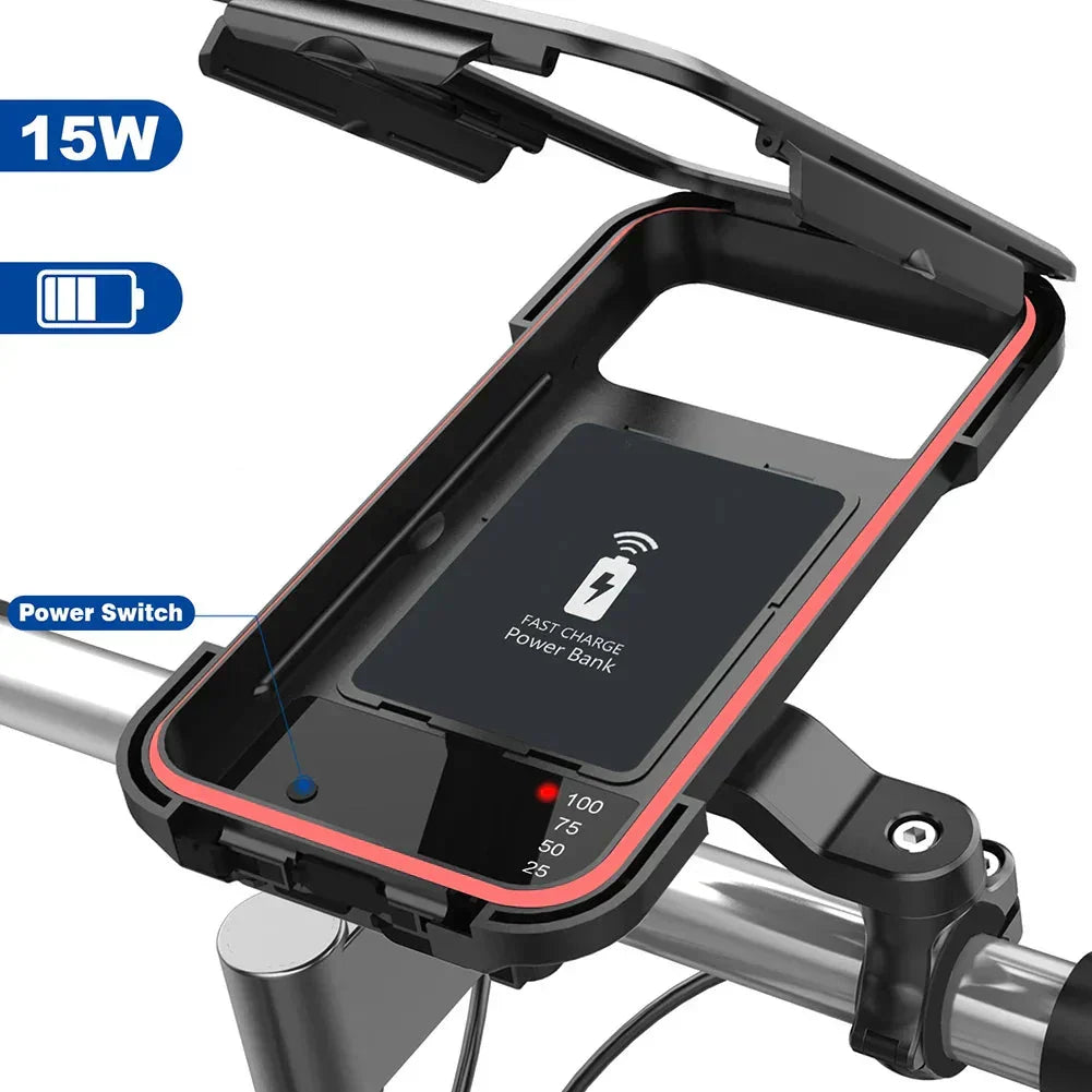 Vandtæt cykeltelefonholder med 15W powerbank og USB-opladning