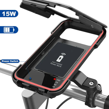 Vandtæt cykeltelefonholder med 15W powerbank og USB-opladning