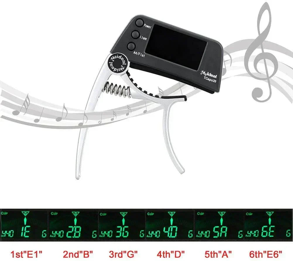 2-i-1 guitarcapo og digital tuner til akustisk guitar, elguitar, bas og ukulele