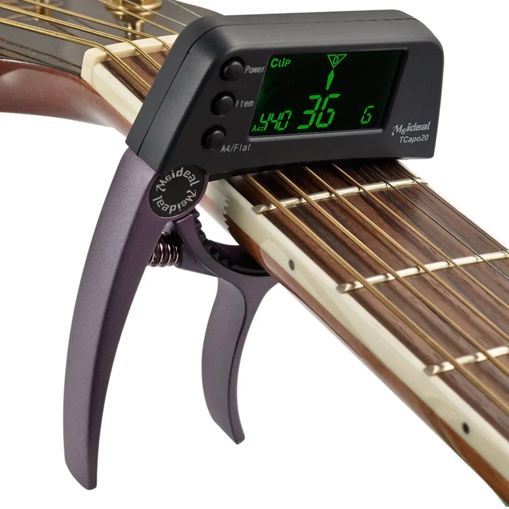 2-i-1 guitarcapo og digital tuner til akustisk guitar, elguitar, bas og ukulele