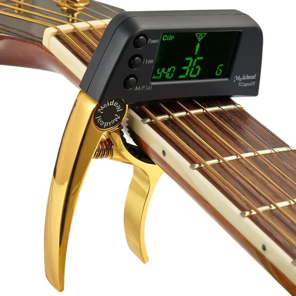 2-i-1 guitarcapo og digital tuner til akustisk guitar, elguitar, bas og ukulele
