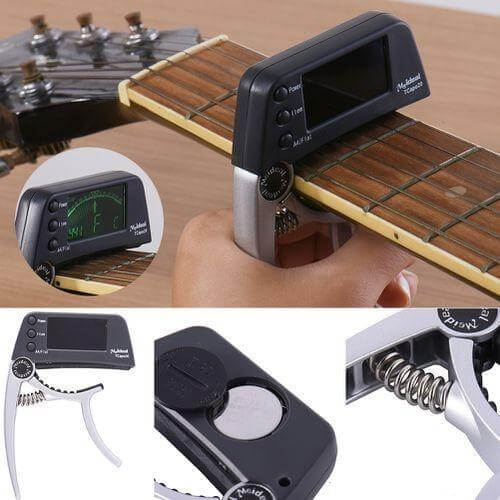 2-i-1 guitarcapo og digital tuner til akustisk guitar, elguitar, bas og ukulele