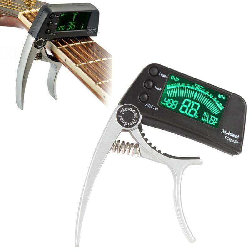 2-i-1 guitarcapo og digital tuner til akustisk guitar, elguitar, bas og ukulele