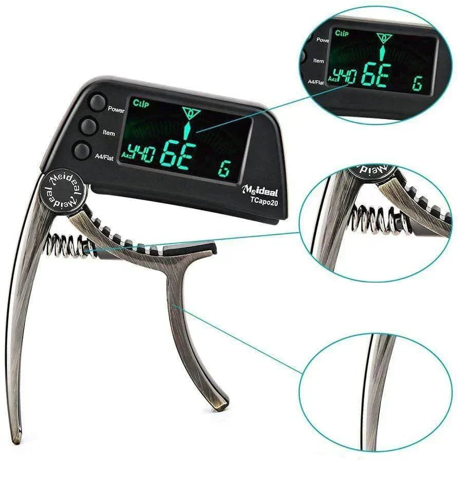 2-i-1 guitarcapo og digital tuner til akustisk guitar, elguitar, bas og ukulele