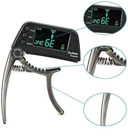 2-i-1 guitarcapo og digital tuner til akustisk guitar, elguitar, bas og ukulele