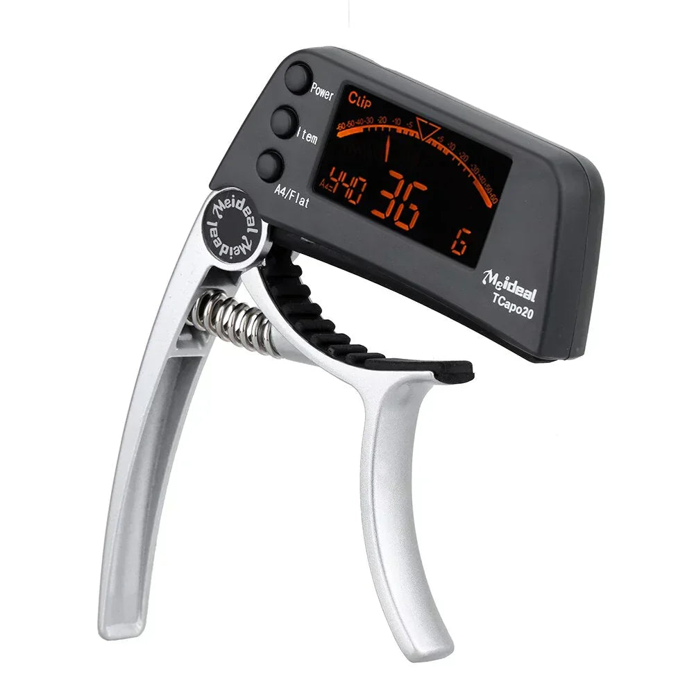 2-i-1 guitarcapo og digital tuner til akustisk guitar, elguitar, bas og ukulele