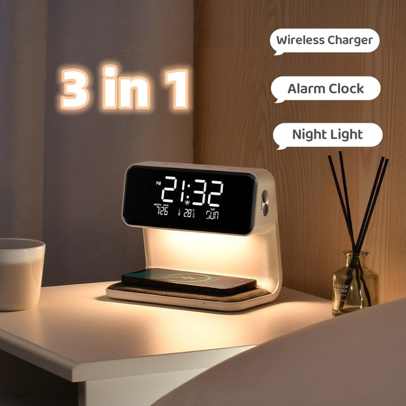3-i-1 Sengebordslampe med Trådløs Oplader og Digitalt Vækkeur