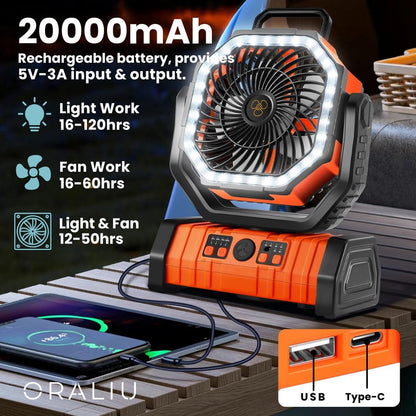 3-i-1 campingventilator med LED-lys og 20.000 mAh powerbank