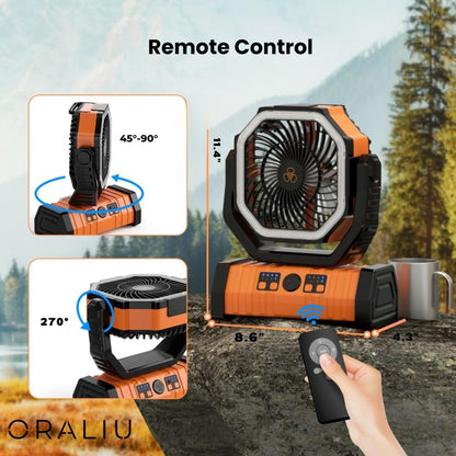 3-i-1 campingventilator med LED-lys og 20.000 mAh powerbank