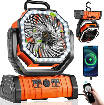 3-i-1 campingventilator med LED-lys og 20.000 mAh powerbank