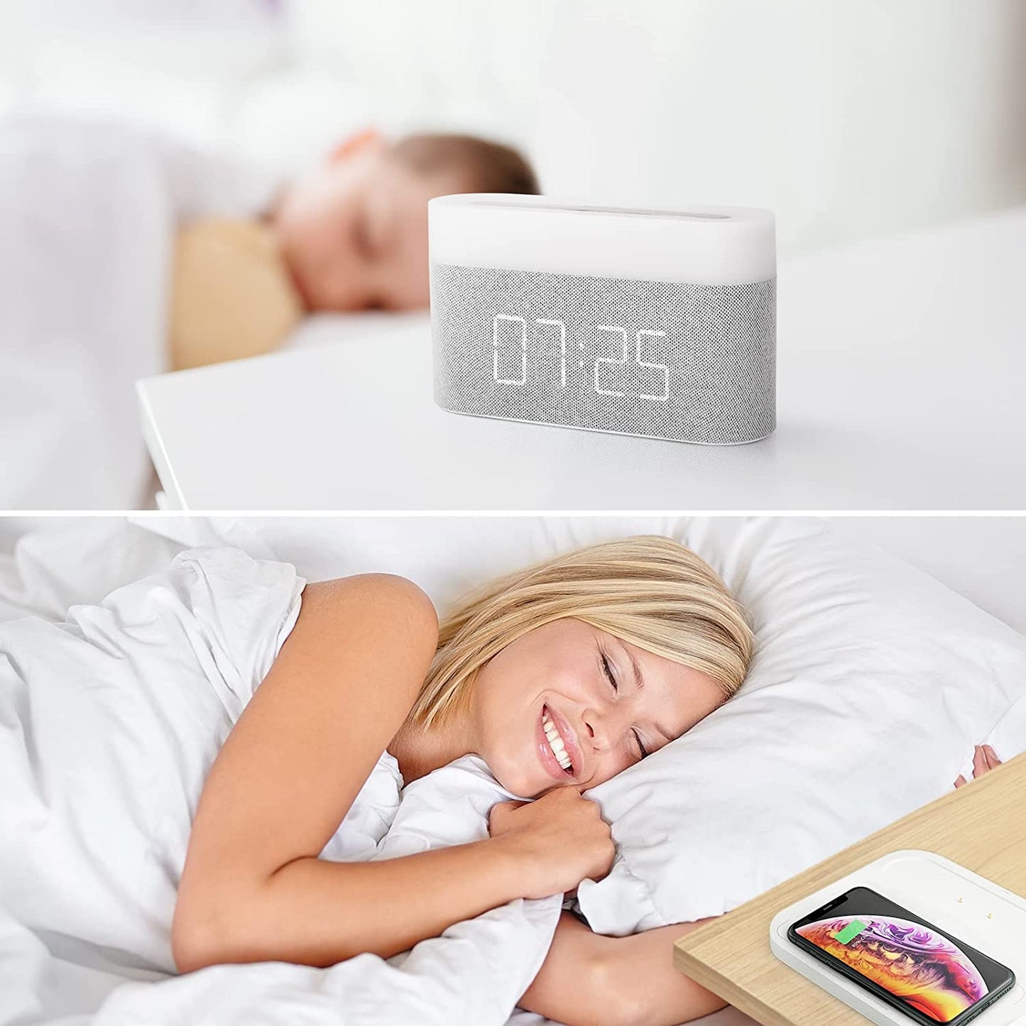 3-i-1 Trådløs Oplader med LED-Lampe og Digitalt Vækkeur