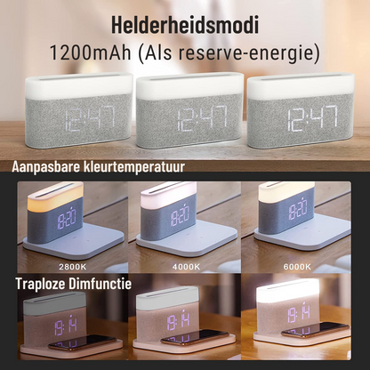 3-i-1 Trådløs Oplader med LED-Lampe og Digitalt Vækkeur