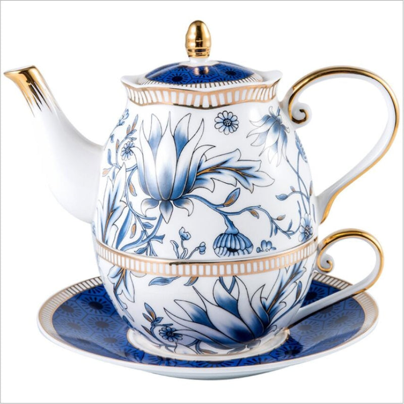 Blåt Blomstret Tesæt til Én i Porcelæn med Tekande, Kop og Underkop