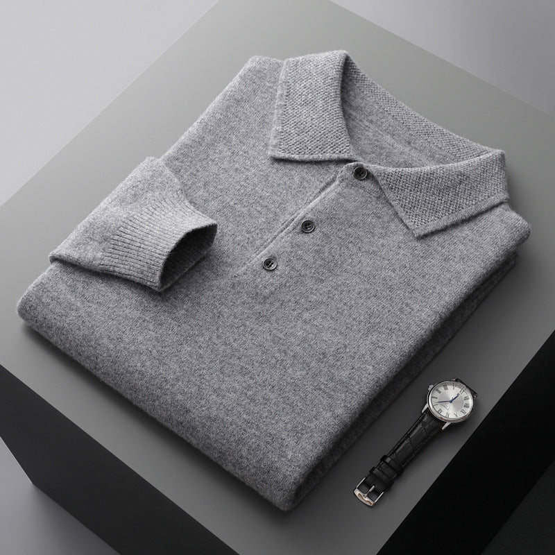 Cashmere Merino Langærmet Poloshirt i Blød Strik