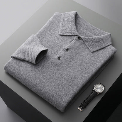 Cashmere Merino Langærmet Poloshirt i Blød Strik