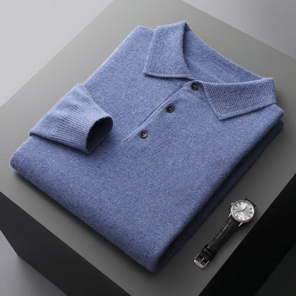 Cashmere Merino Langærmet Poloshirt i Blød Strik