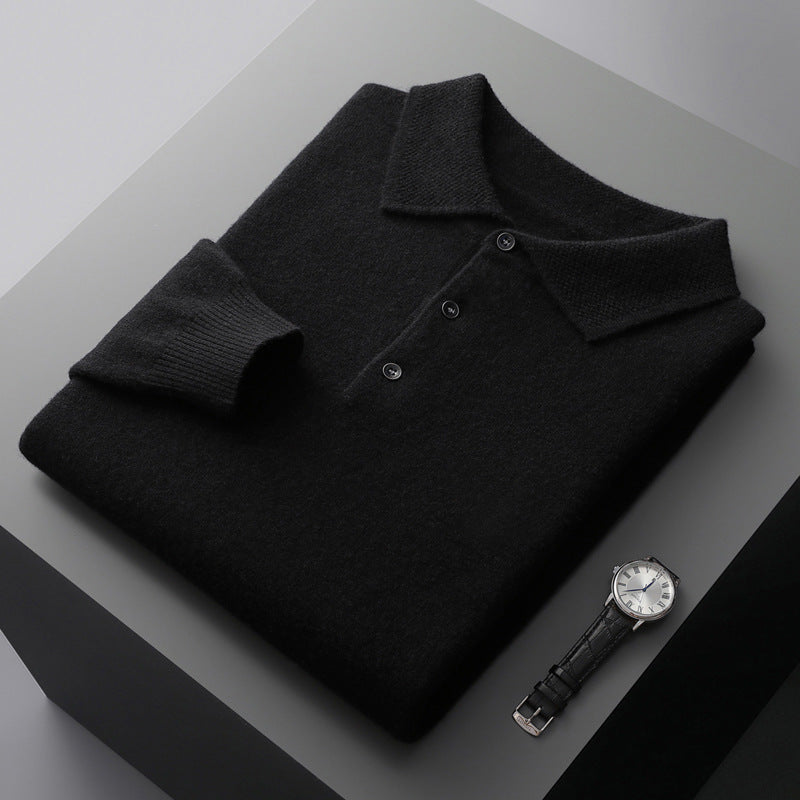 Cashmere Merino Langærmet Poloshirt i Blød Strik