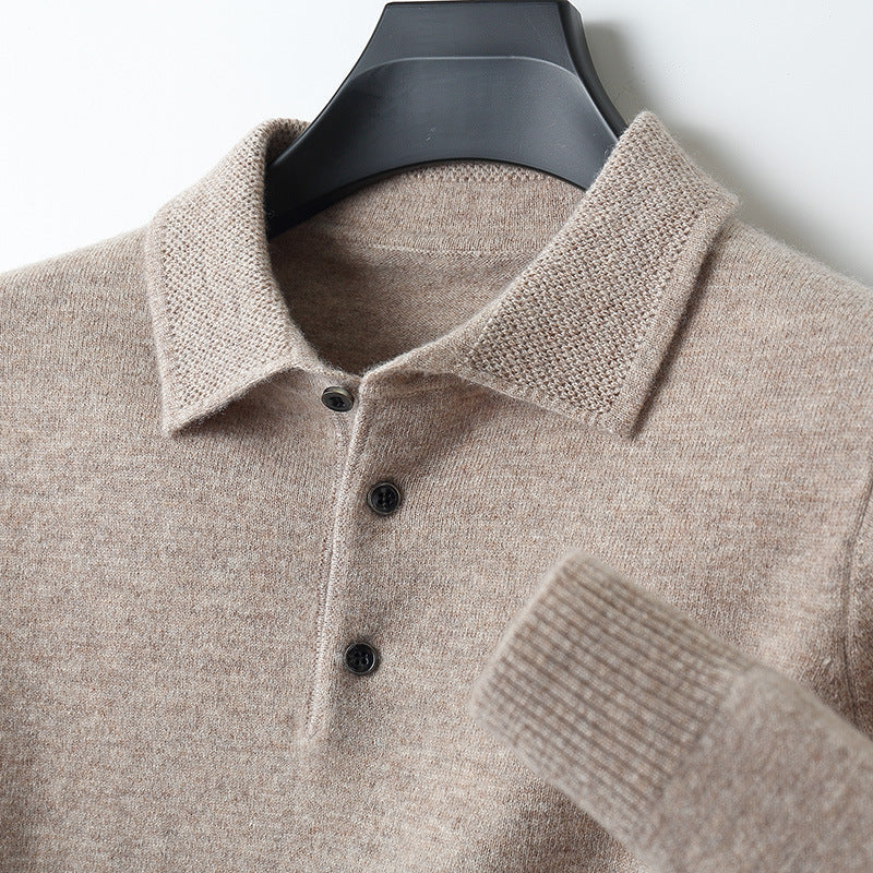 Cashmere Merino Langærmet Poloshirt i Blød Strik