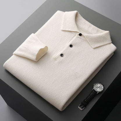 Cashmere Merino Langærmet Poloshirt i Blød Strik