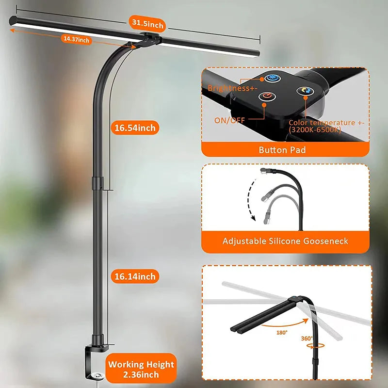 DeskLight LED-skrivebordslampe med dobbelt lampehoved og justerbar lysstyrke
