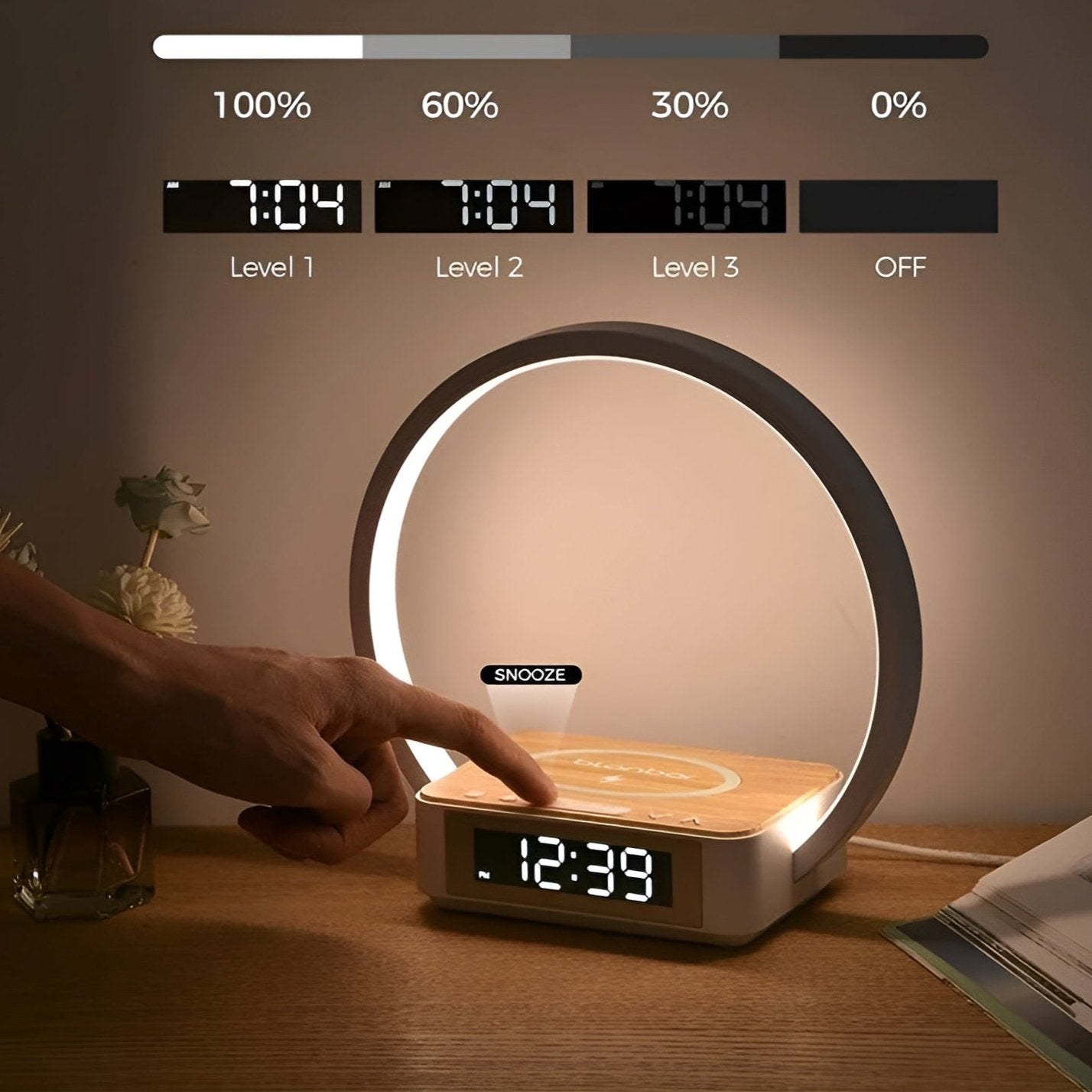 GlowMax 3-i-1 LED Bordlampe med Trådløs Oplader, Vækkeur og Touchbetjening