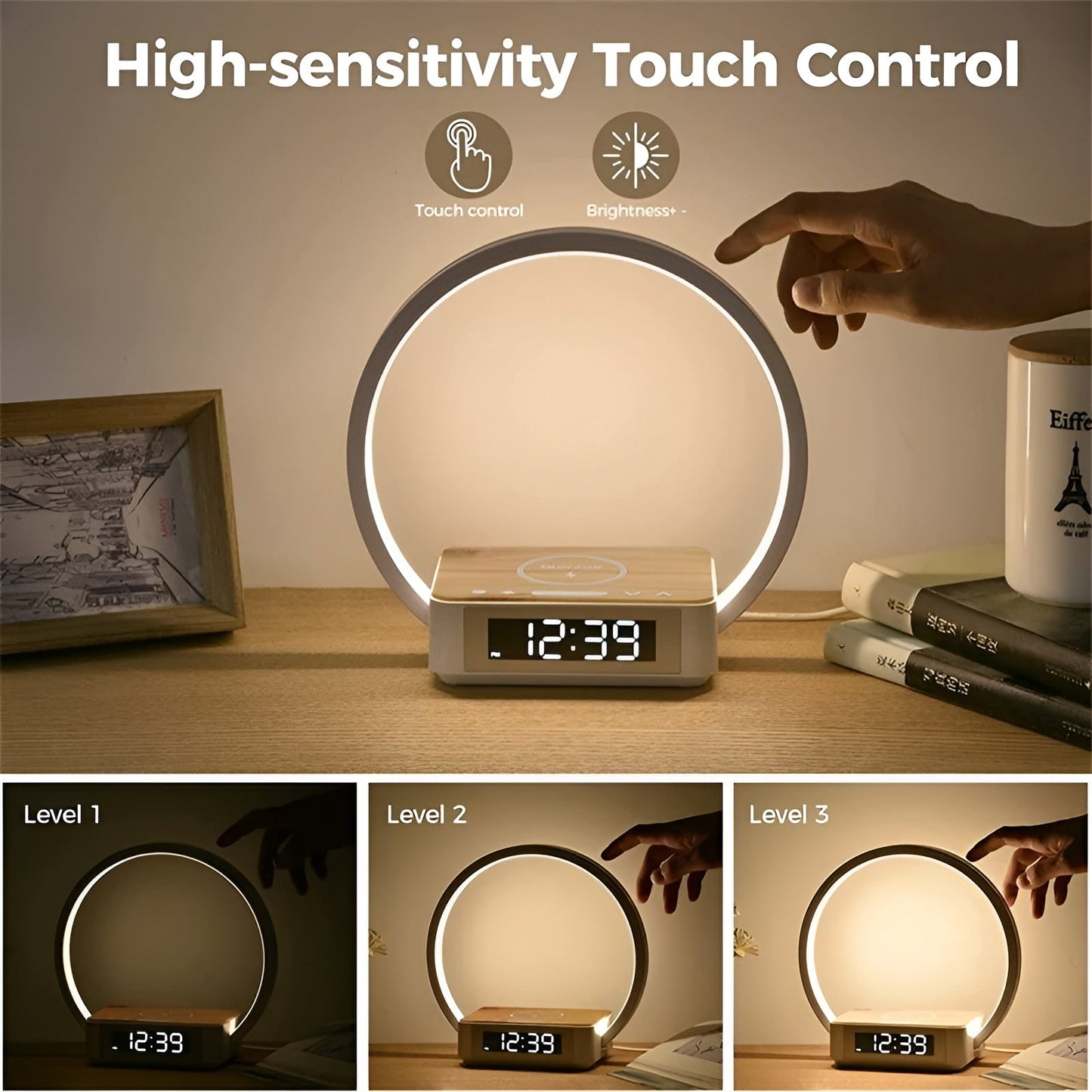 GlowMax 3-i-1 LED Bordlampe med Trådløs Oplader, Vækkeur og Touchbetjening