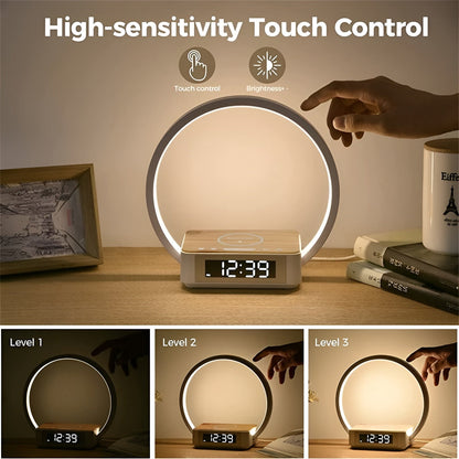 GlowMax 3-i-1 LED Bordlampe med Trådløs Oplader, Vækkeur og Touchbetjening