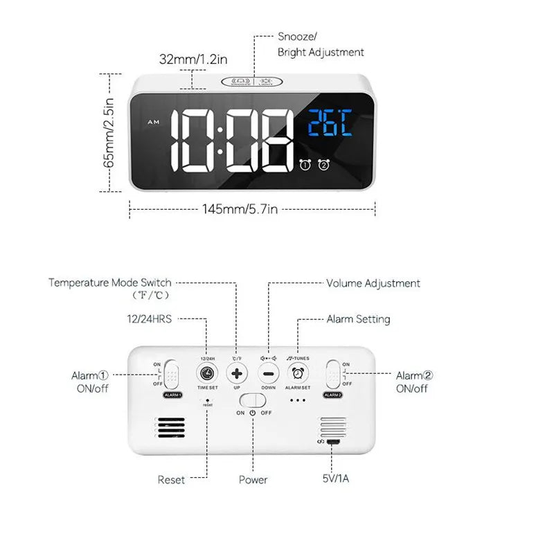 Harmonix Smart LED Vækkeur med Musik, Temperatur og Luftfugtighed