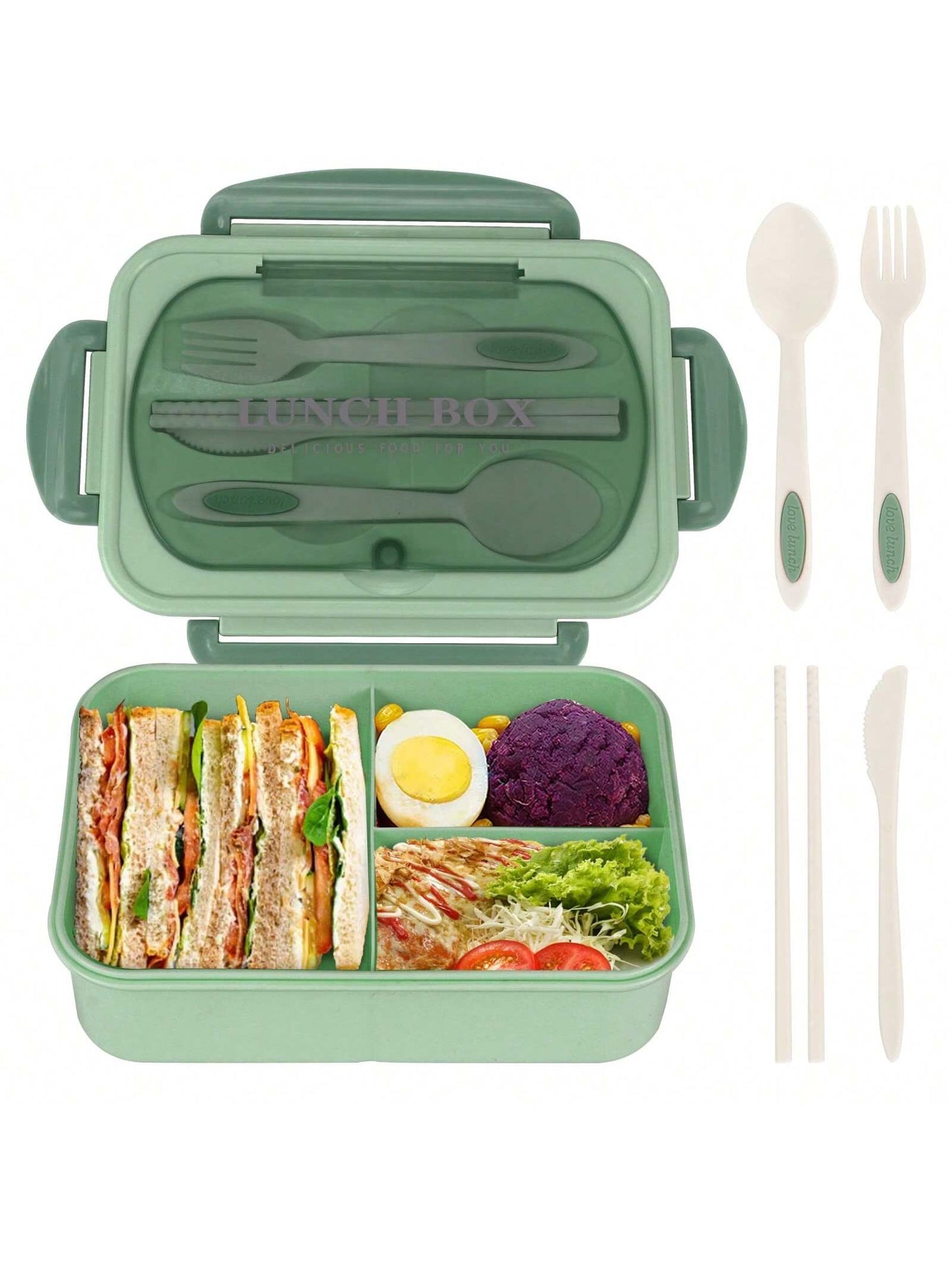 Lækagesikker Bento Madkasse 1200 ml til Voksne med Bestik og 3 Rum