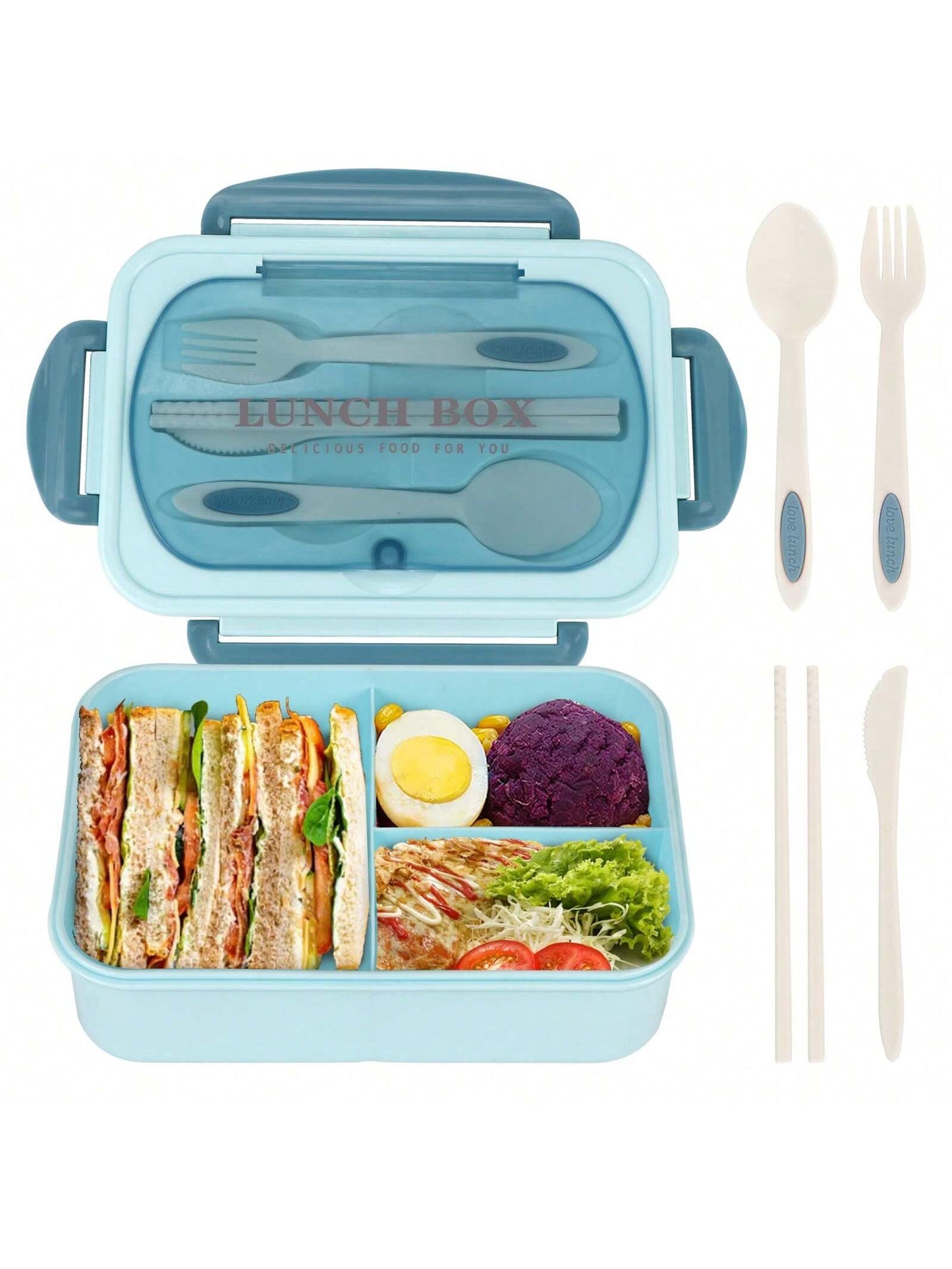 Lækagesikker Bento Madkasse 1200 ml til Voksne med Bestik og 3 Rum