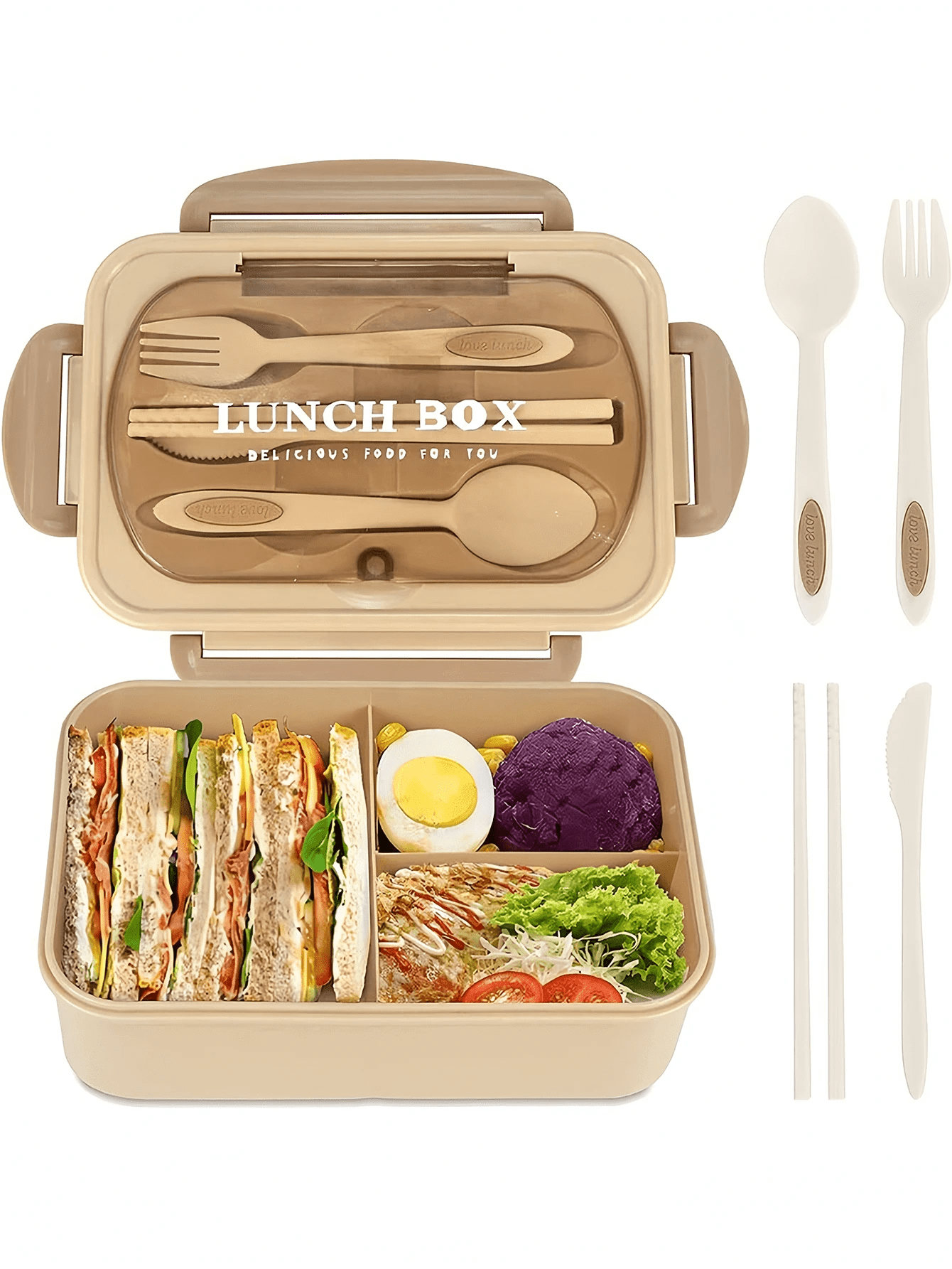 Lækagesikker Bento Madkasse 1200 ml til Voksne med Bestik og 3 Rum