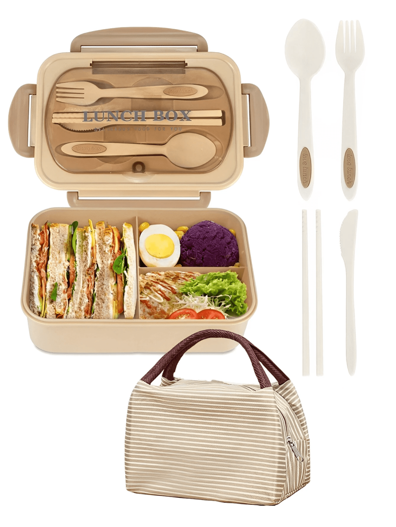 Lækagesikker Bento Madkasse 1200 ml til Voksne med Bestik og 3 Rum