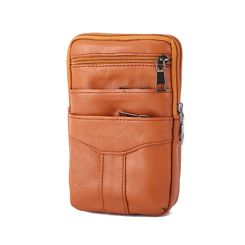 Herre Bæltetaske i Ægte Læder Crossbody Mobiltaske med Flere Lynlåsrum