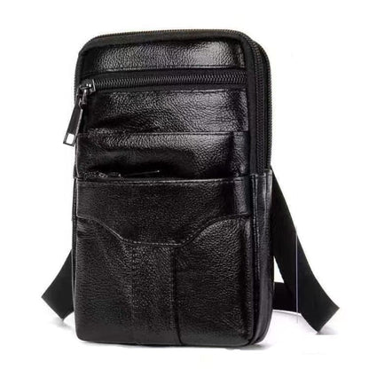 Herre Bæltetaske i Ægte Læder Crossbody Mobiltaske med Flere Lynlåsrum