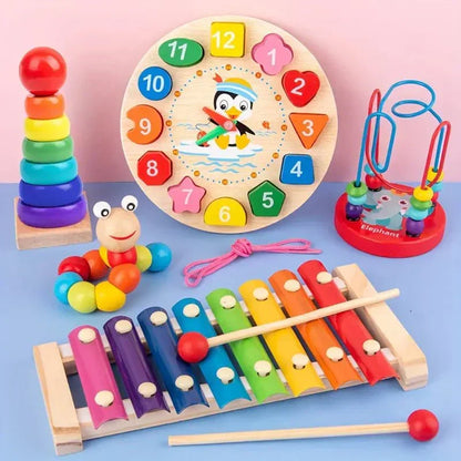 Montessori Trælegetøj til Baby 5-i-1 Lærings- og Sanselegesæt
