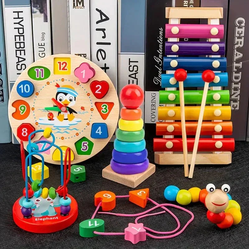 Montessori Trælegetøj til Baby 5-i-1 Lærings- og Sanselegesæt