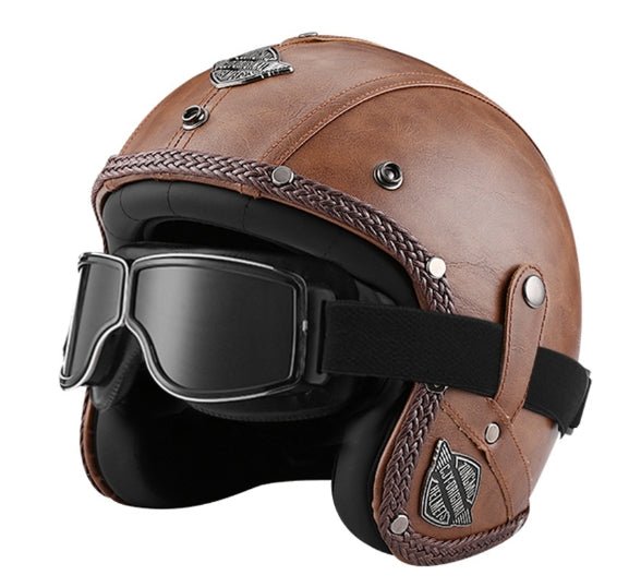 MotoClassic Retro Scootermotorcykelhjelm med Solvisir og Kunstlæderfinish