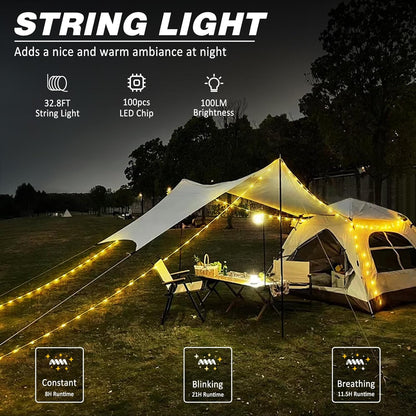 Portable LED Lyskæde til Camping, USB-genopladelig, Vandtæt 10 m