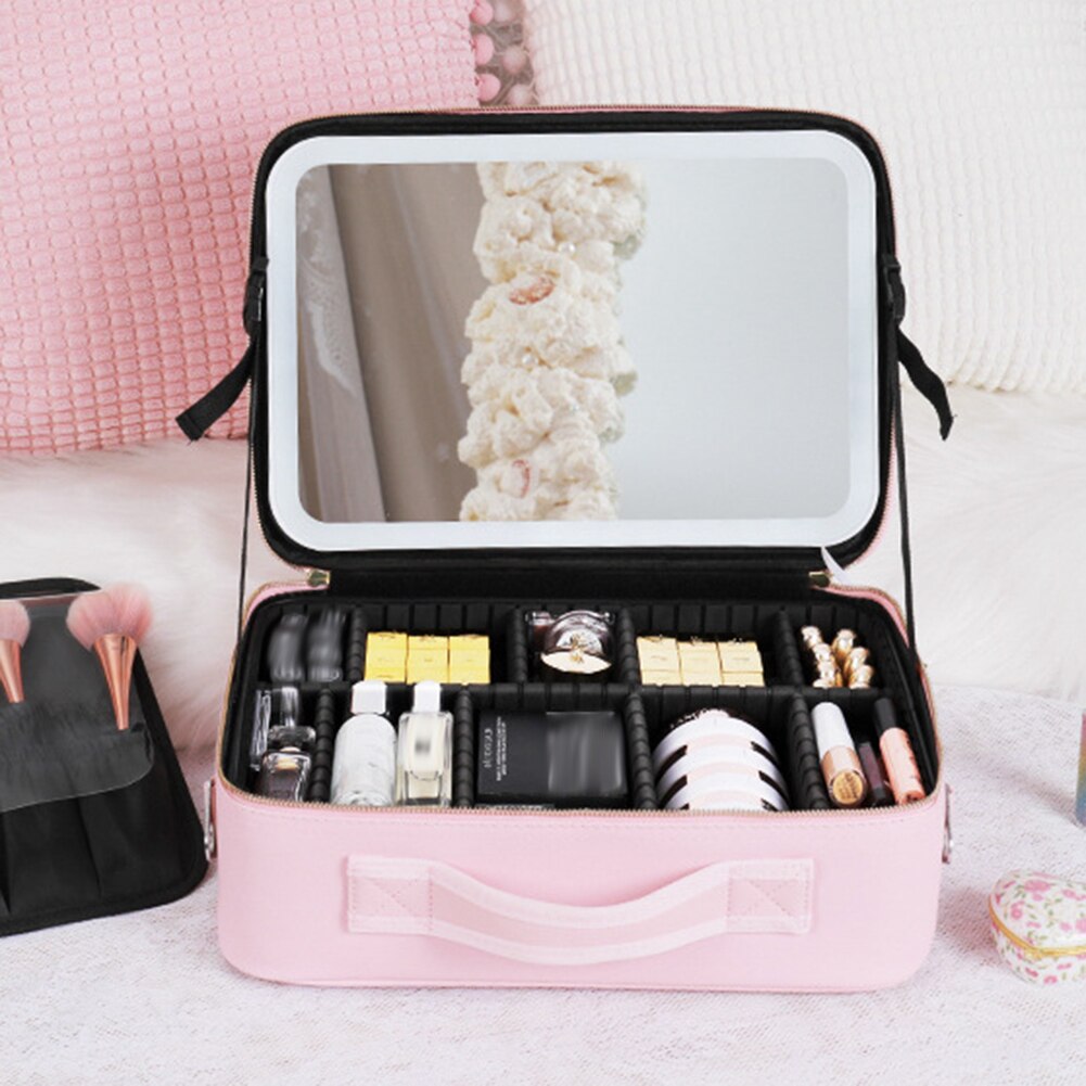 Rejse Makeupkuffert med LED-Spejl og Justerbar Belysning
