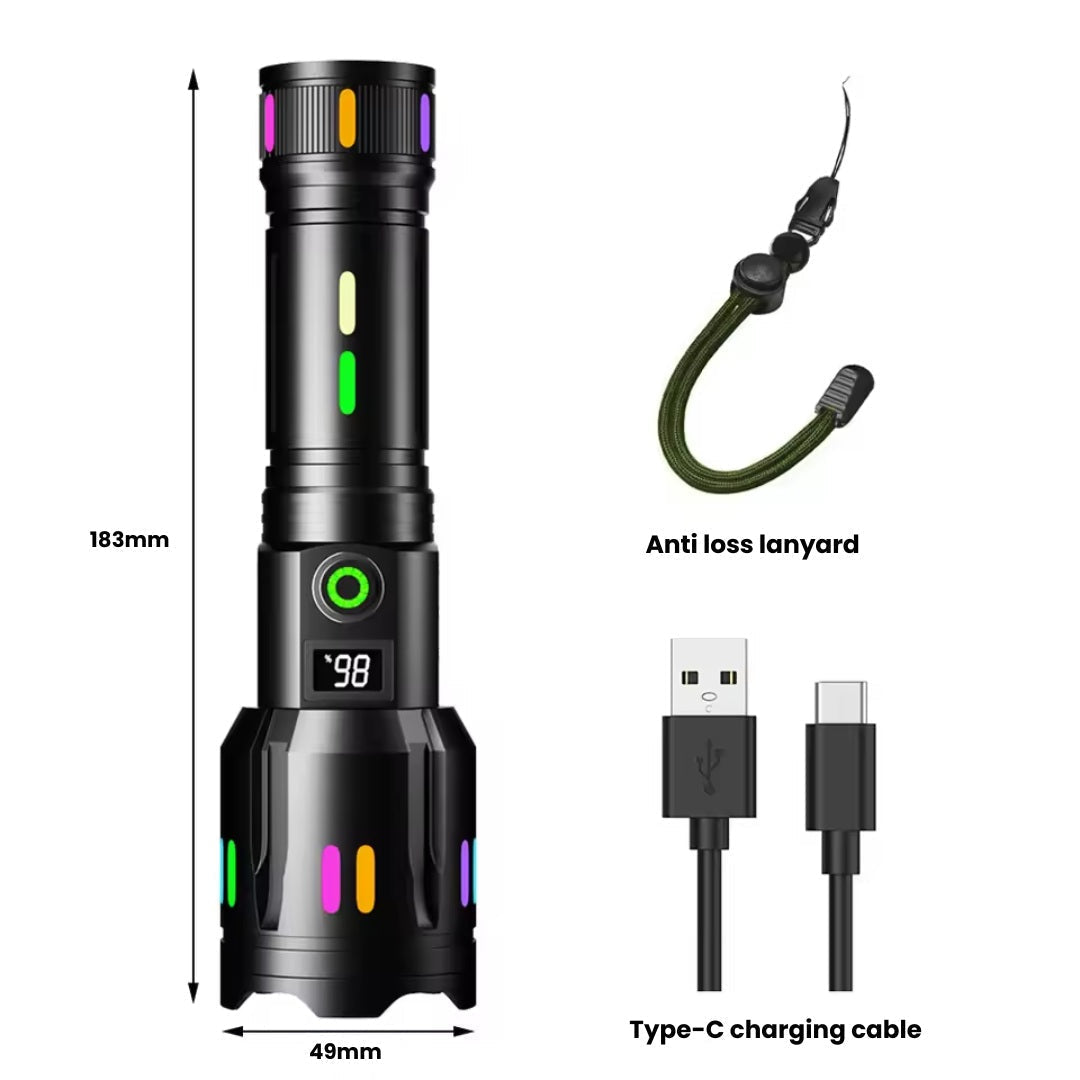 Genopladelig LED Lommelygte 9000 Lumen med Justerbar Lysstråle