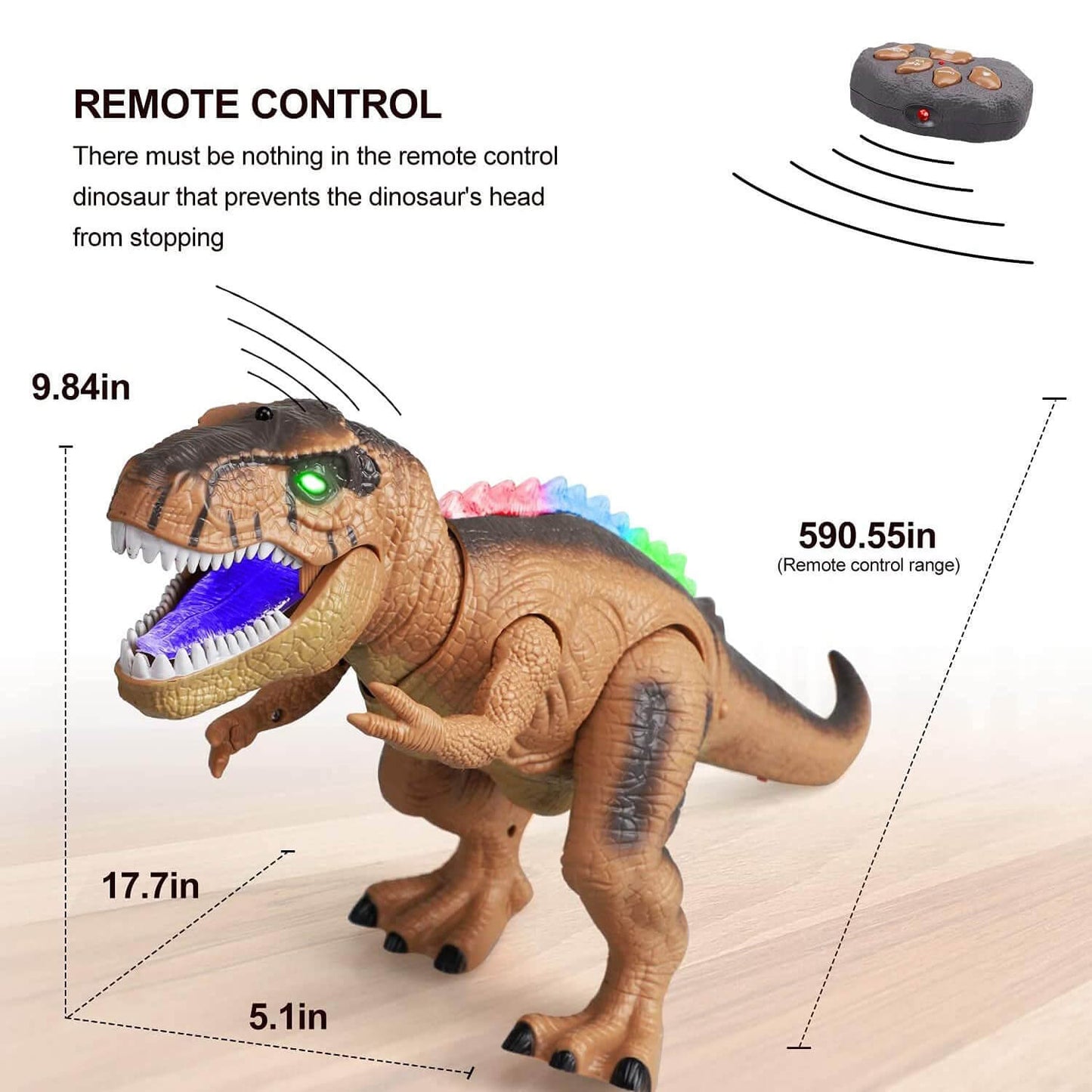 Fjernstyret T-Rex dinosaurlegetøj med LED-lys og brølende lyde