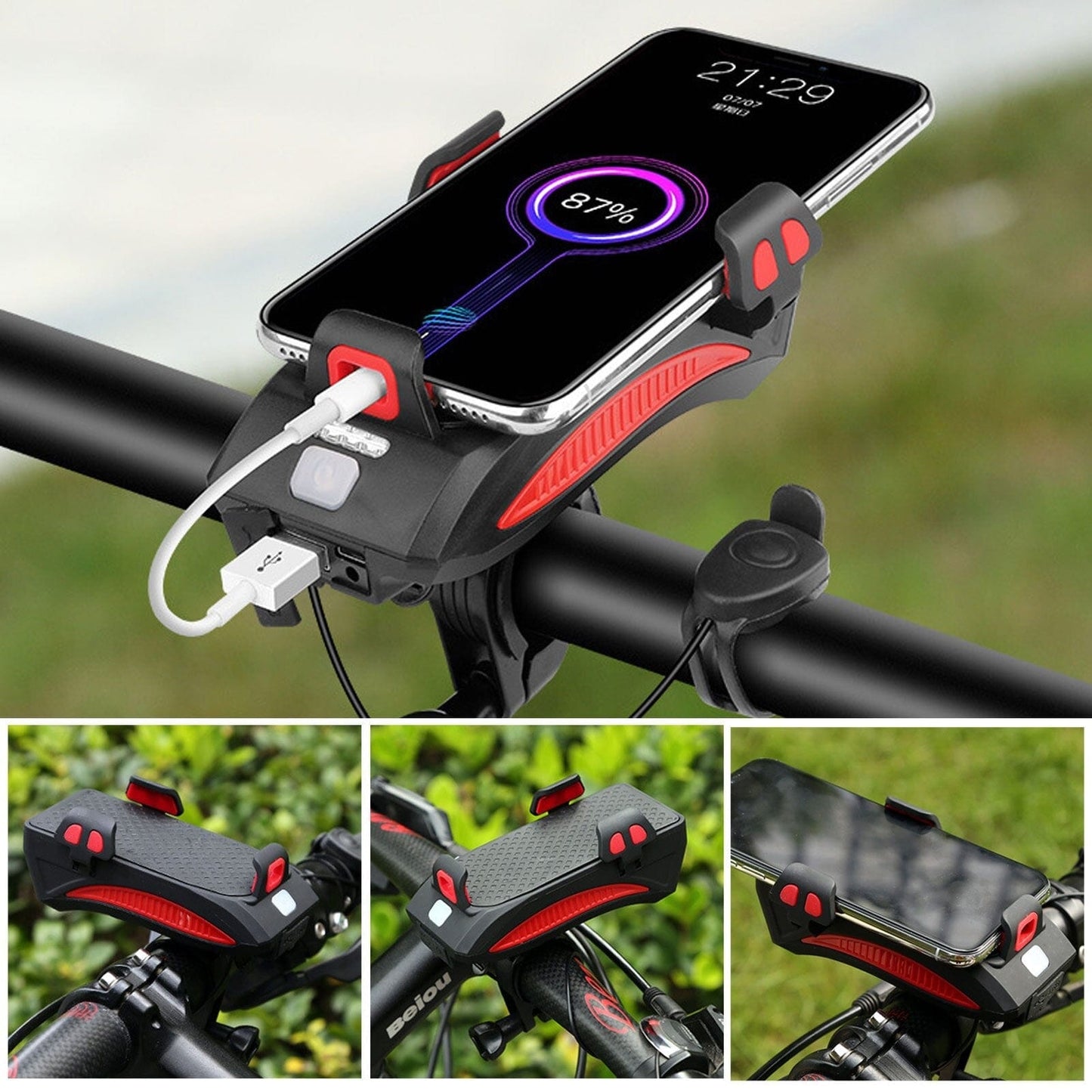 RideLight 4-i-1 Cykellygte med Mobilholder, Powerbank og Horn