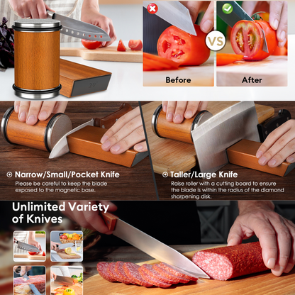 Rullende knivsliber med diamantskive og magnetisk vinkelguide