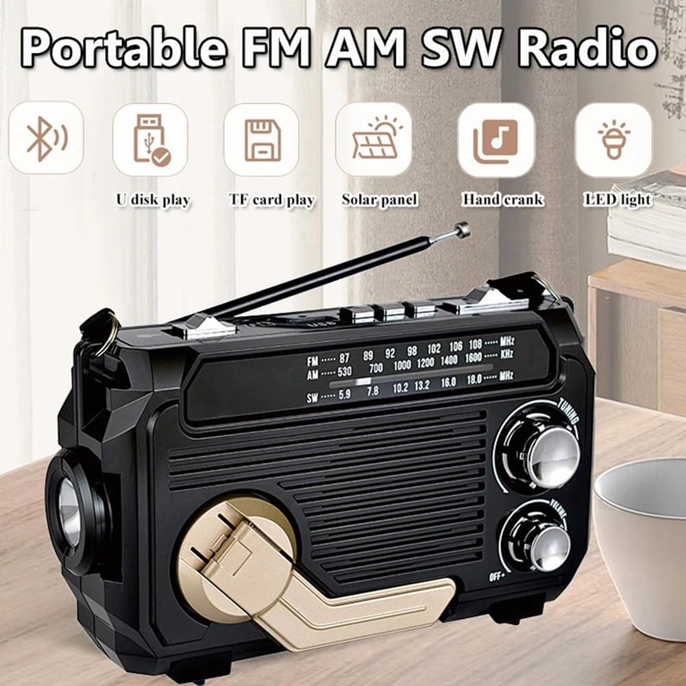 SafeWave Nødradio med Powerbank, Solcelle, Håndsving og LED-Lys
