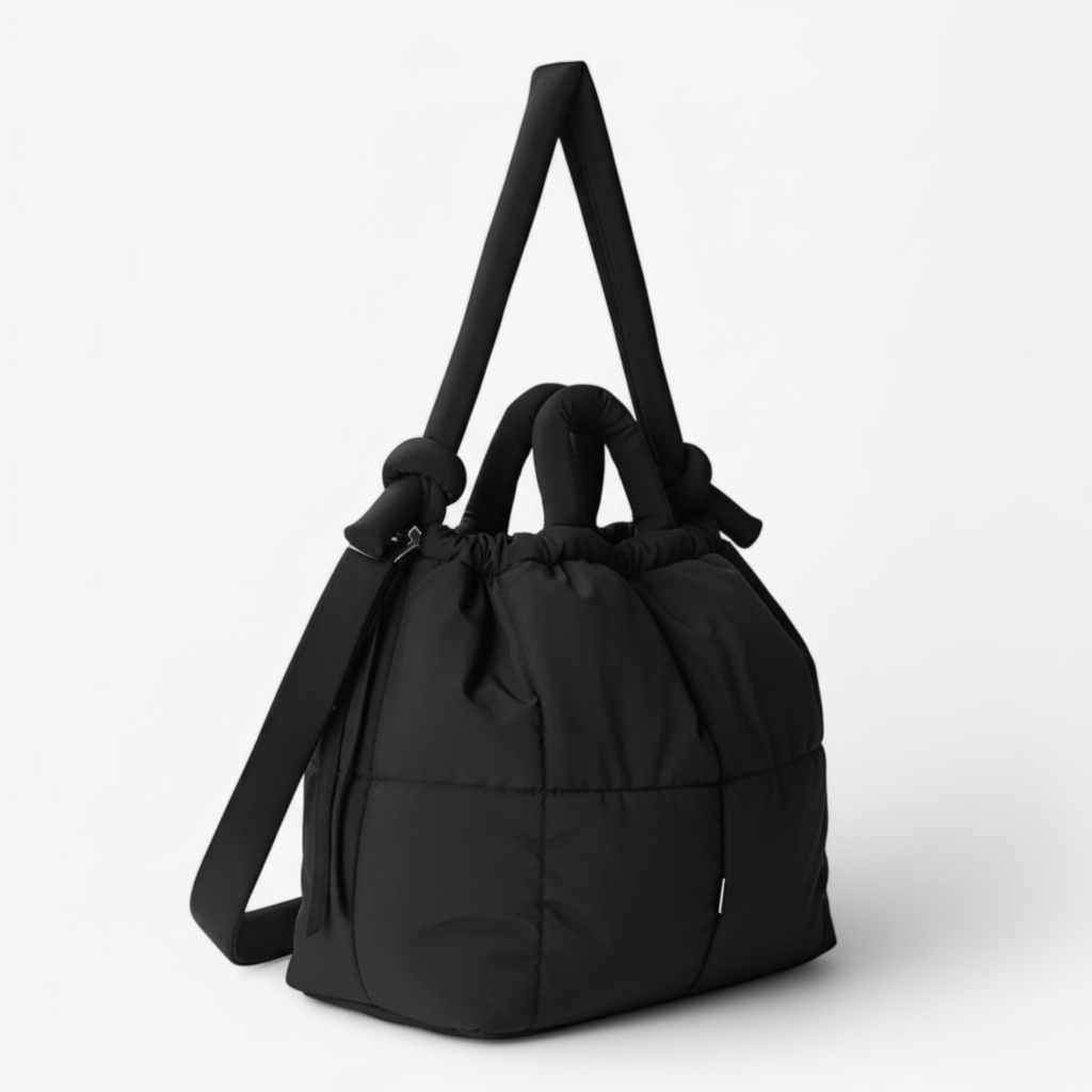 Mørkegrå quiltet puffer-taske – sidevisning